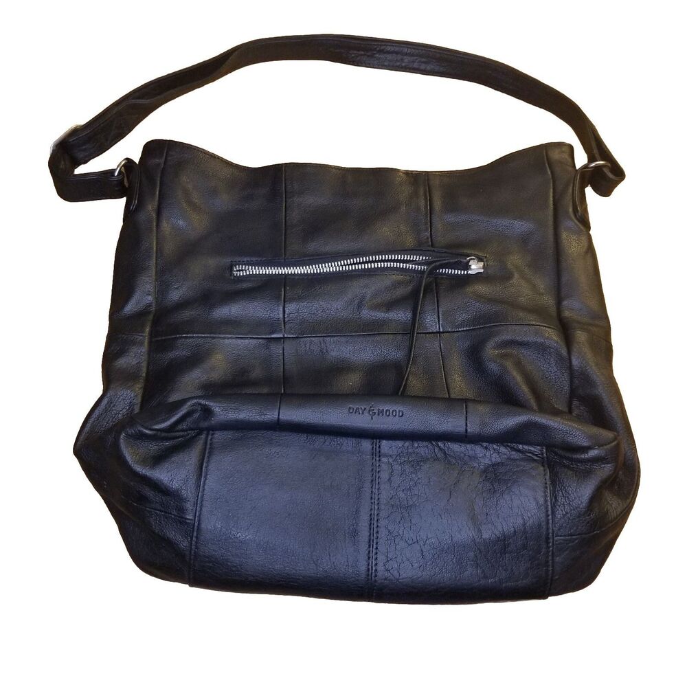 Day & Mood Black Leather Bag Isa Hobo Handbag Shoulder Strap Purse 14x12x5